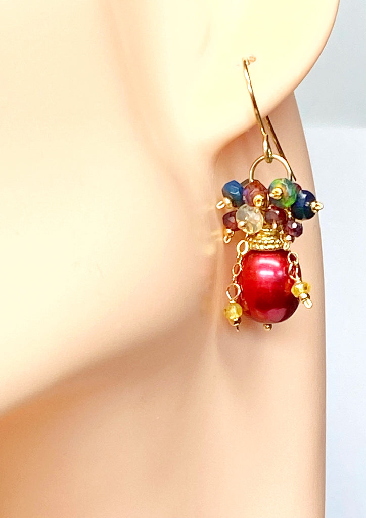 Red Pearl, Opal and Garnet Cluster Earrings Gold Fill