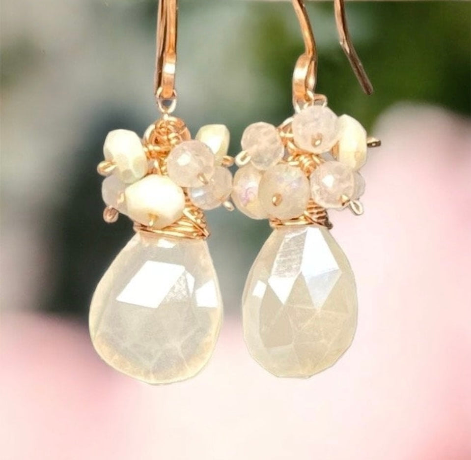 Mystic Ivory Chalcedony Cluster Earrings Rose Gold