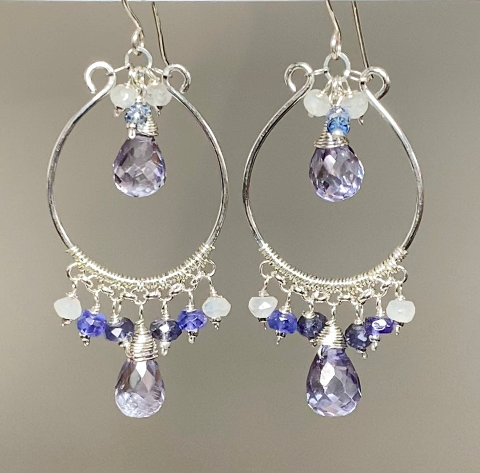 Blue Violet Sterling Silver Hoop Chandelier Earrings Iolite, Tanzanite, Blue Quartz