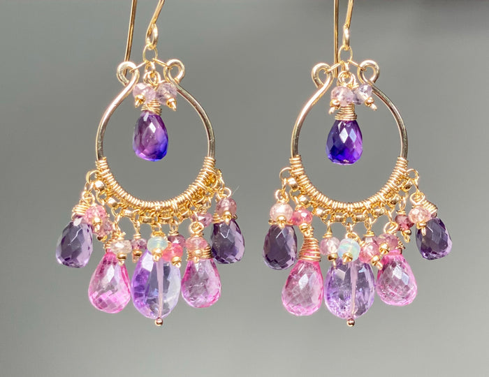 Gemstone Statement Chandelier Earrings in Pink, Lavender, Violet - Doolittle