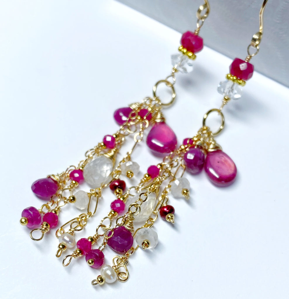 Red Ruby, Pink Sapphire Long Boho Dangle Earrings in Gold Fill with Moonstone