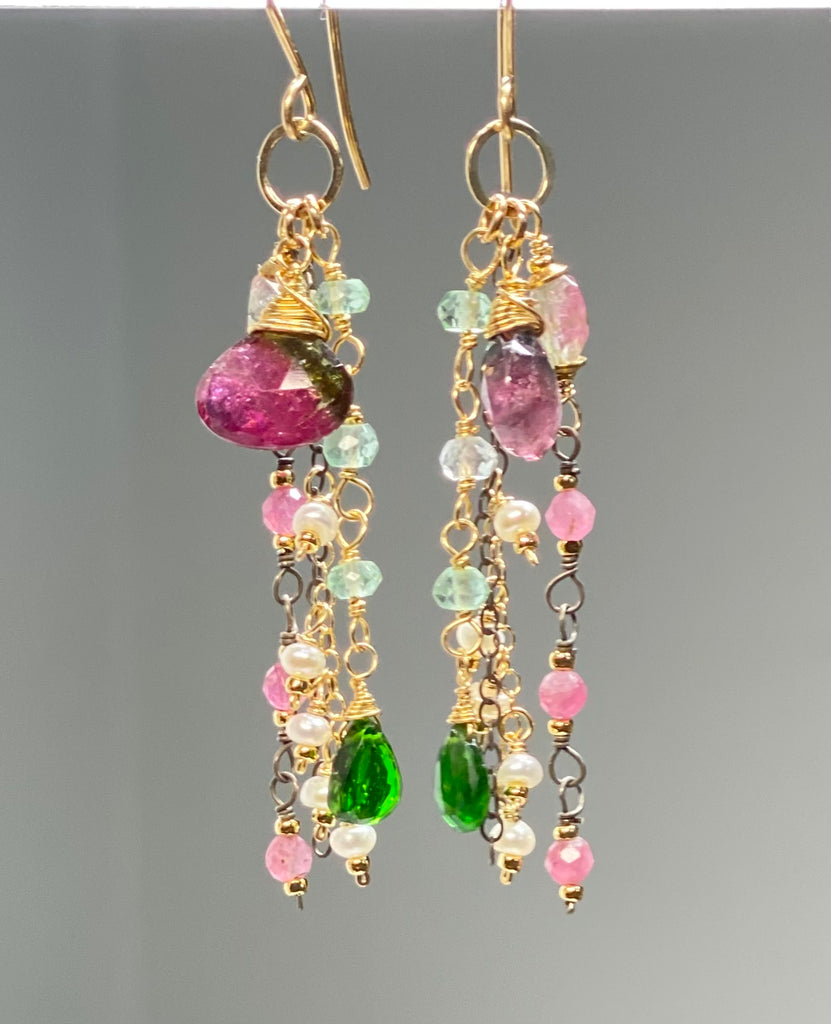 Bicolor Rubellite Tourmaline Briolette and Mixed Metal Gemstone Dangle Earrings