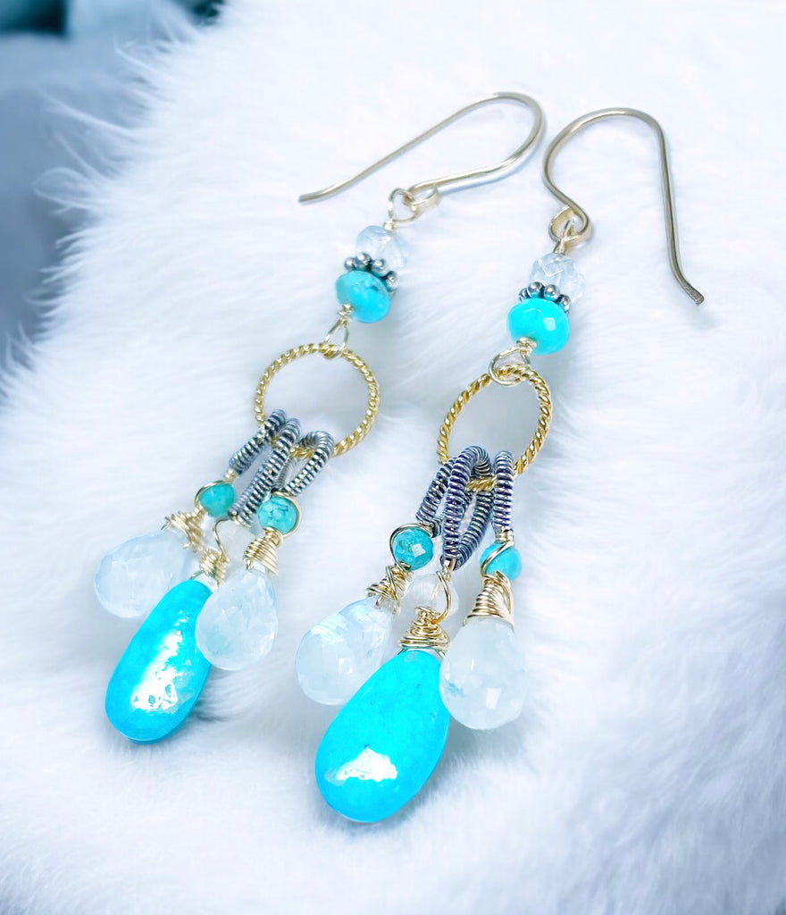 Kingman Turquoise, Rainbow Moonstone Dangle Earrings Mixed Metals, Handmade