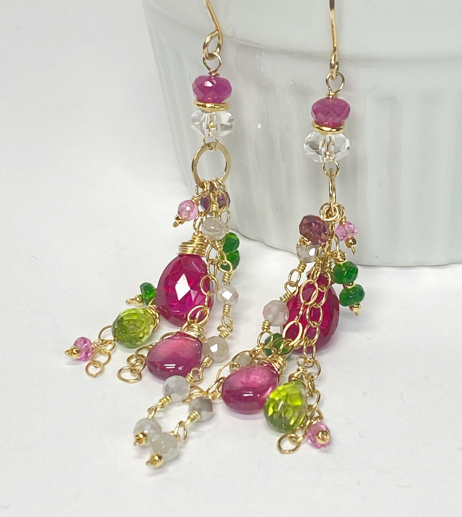 Long Gemstone Dangle Earrings - Pink Sapphire, Peridot, Ruby, Gold Fill