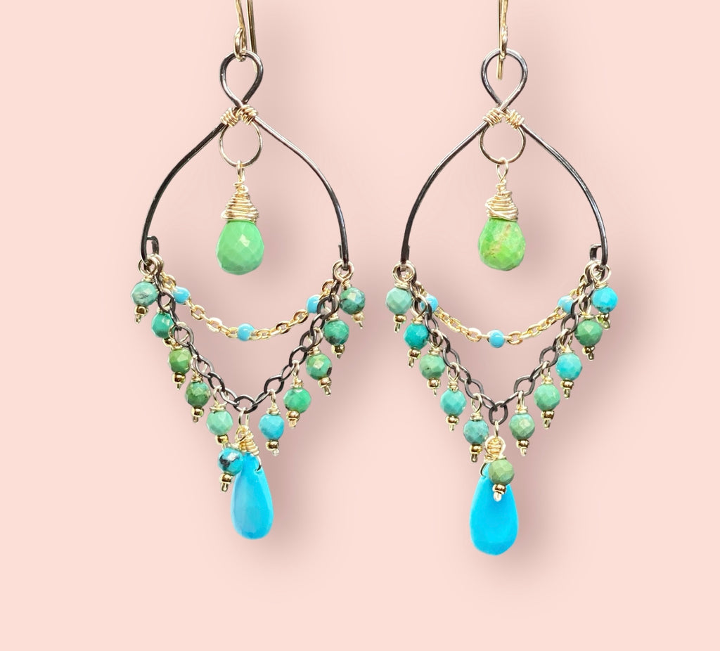 Turquoise Gemstone Mixed Metal Chandelier Earrings