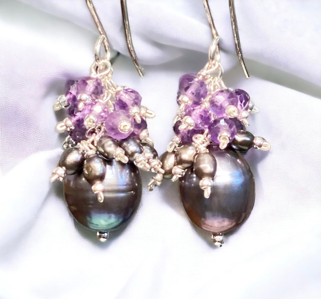 Peacock Pearl Earrings with Amethyst Gemstone Clusters in Sterling Silver