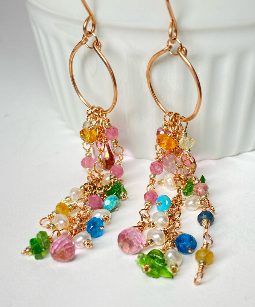 Mystic Topaz Multicolor Gemstone Long Boho Dangle Earrings Rose Gold