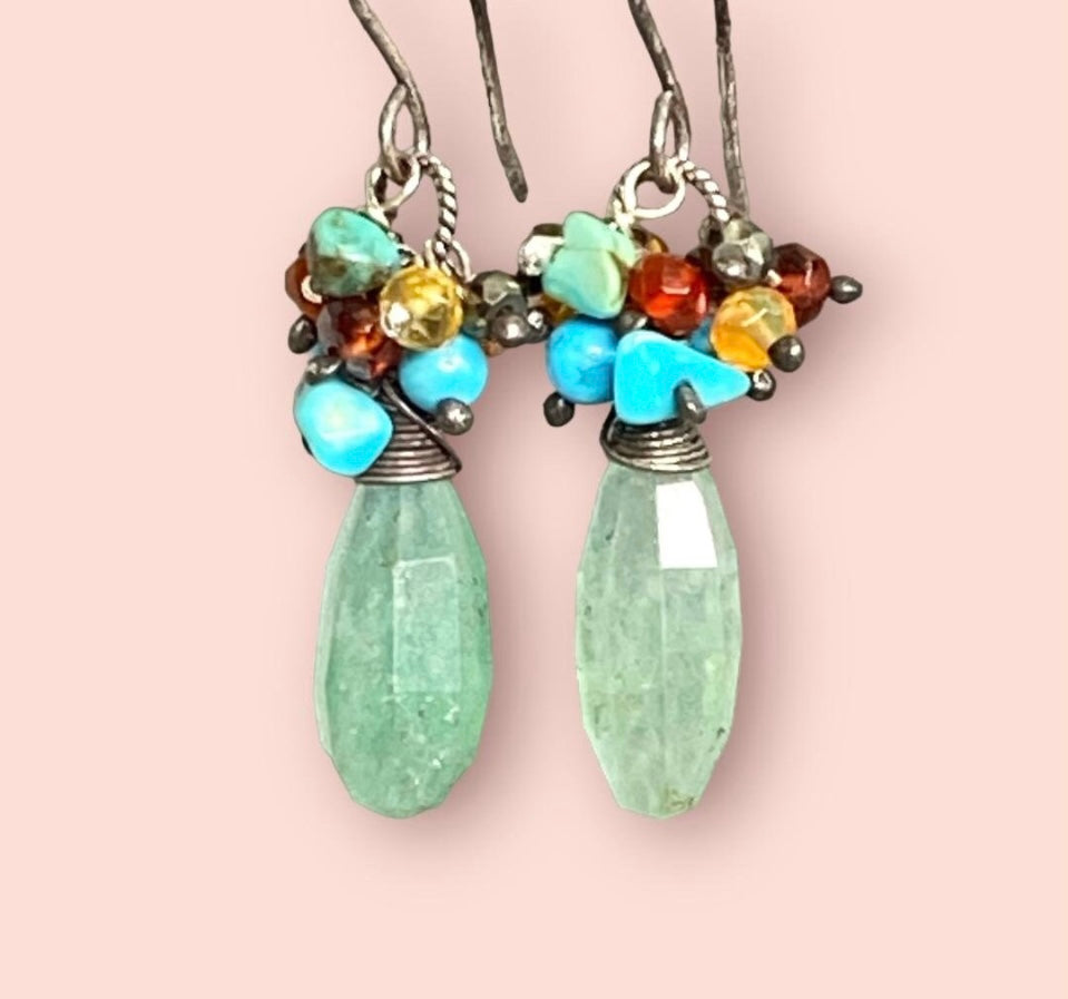 Green Aventurine Cluster Earrings with Fire Opal, Turquoise & Garnet