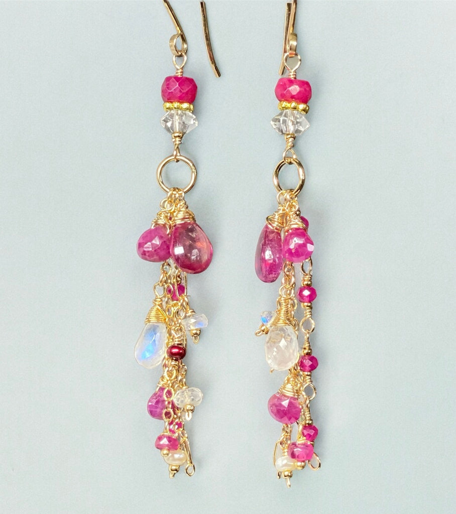 Red Ruby, Pink Sapphire Long Boho Dangle Earrings in Gold Fill with Moonstone