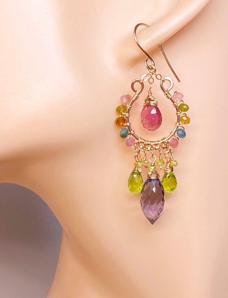 Rose Gold Chandelier Earrings: Pink Tourmaline, Peridot, Amethyst