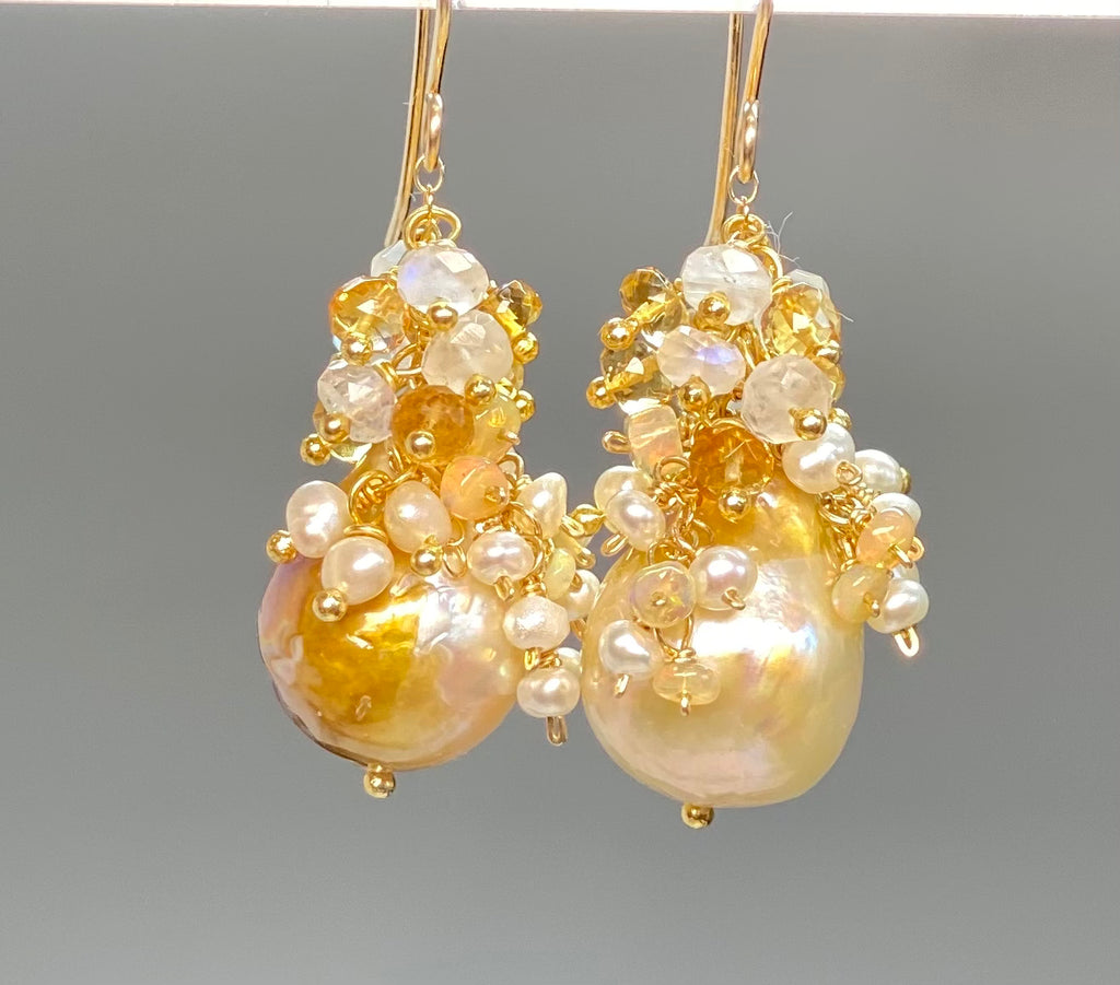 Baroque Pond Slime Pearl Cluster Earring with Citrine, Opal, Moonstone