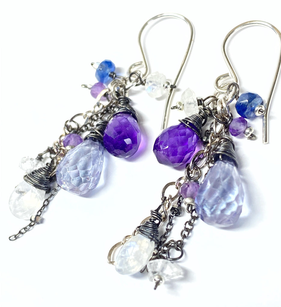 Blue Violet Boho Dangle Earrings Amethyst, Blue Denim Quartz, Oxidized Sterling Silver