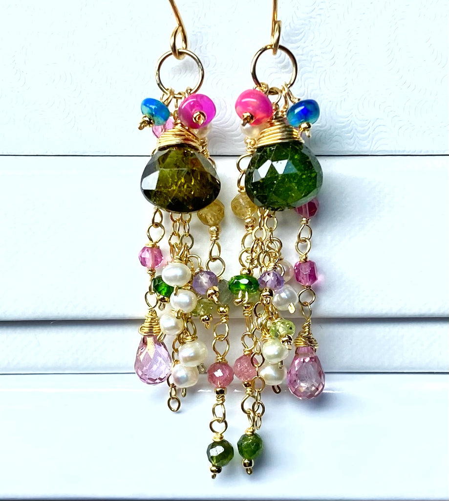 Green Tourmaline Gemstone Gold Fill Long Boho Dangle Earrings