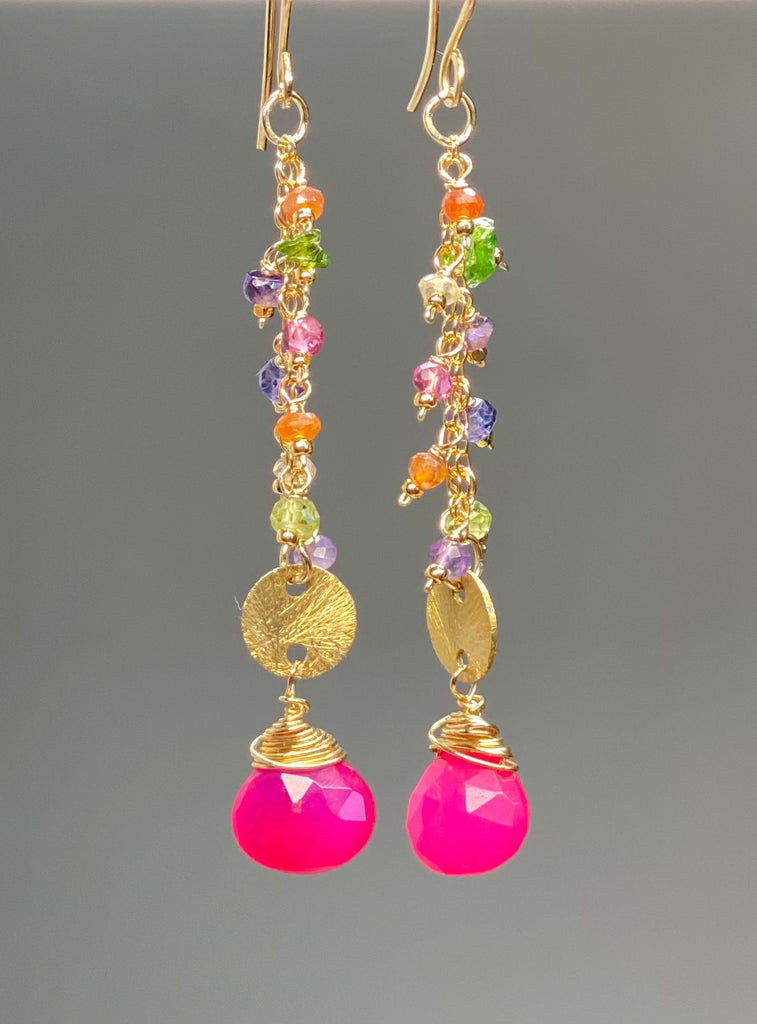 Hot Pink Chalcedony Long Gemstone Dangle Earrings Gold Fill