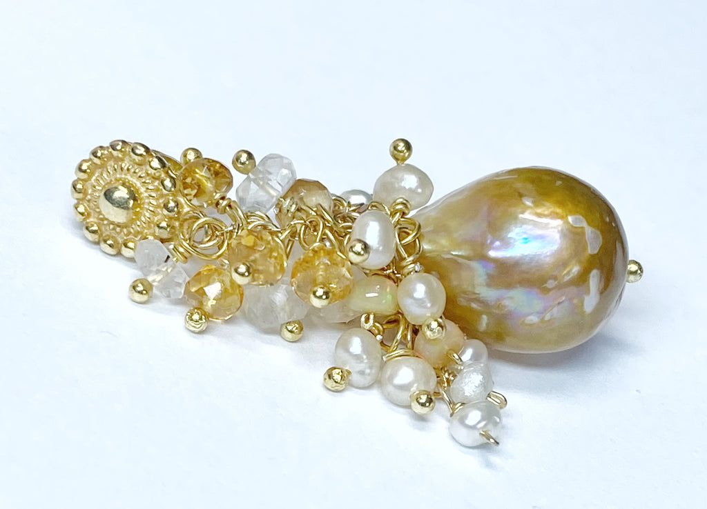 Baroque Pond Slime Pearl Cluster Earring with Citrine, Opal, Moonstone