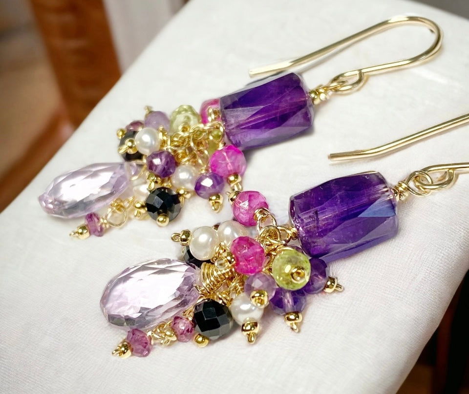 Amethyst Dangle Earrings, Multi Gemstone Cluster Earrings