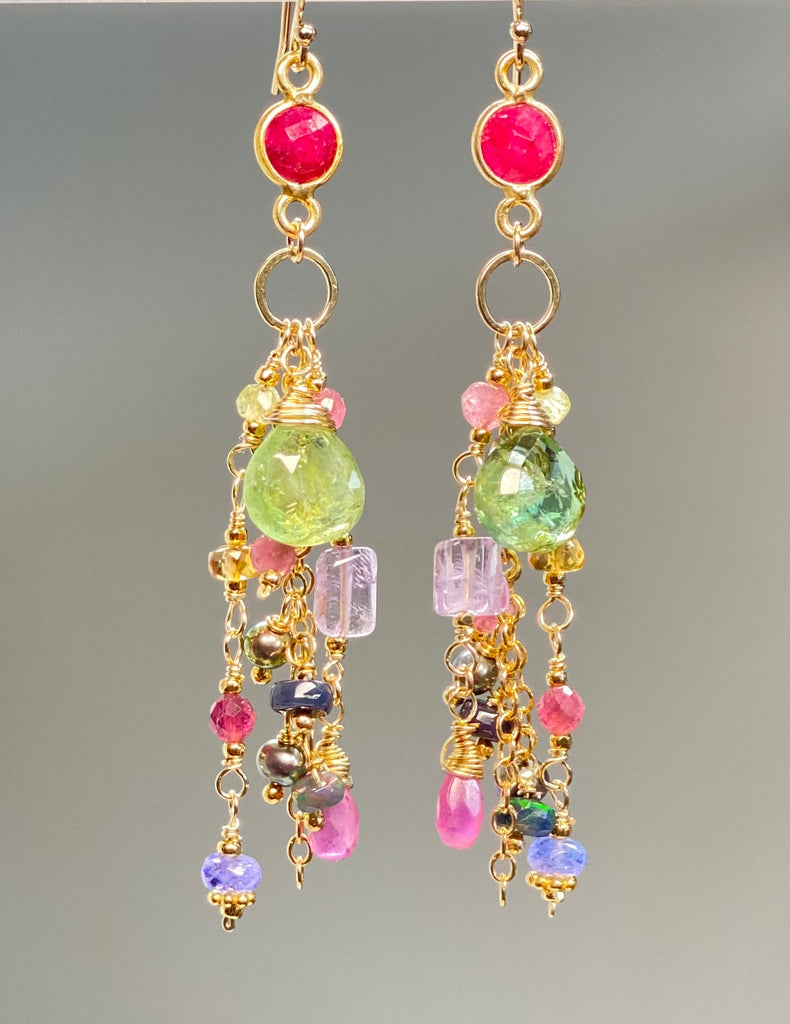 Green Tourmaline Colorful Gemstone Dangle Earrings in  Gold Fill