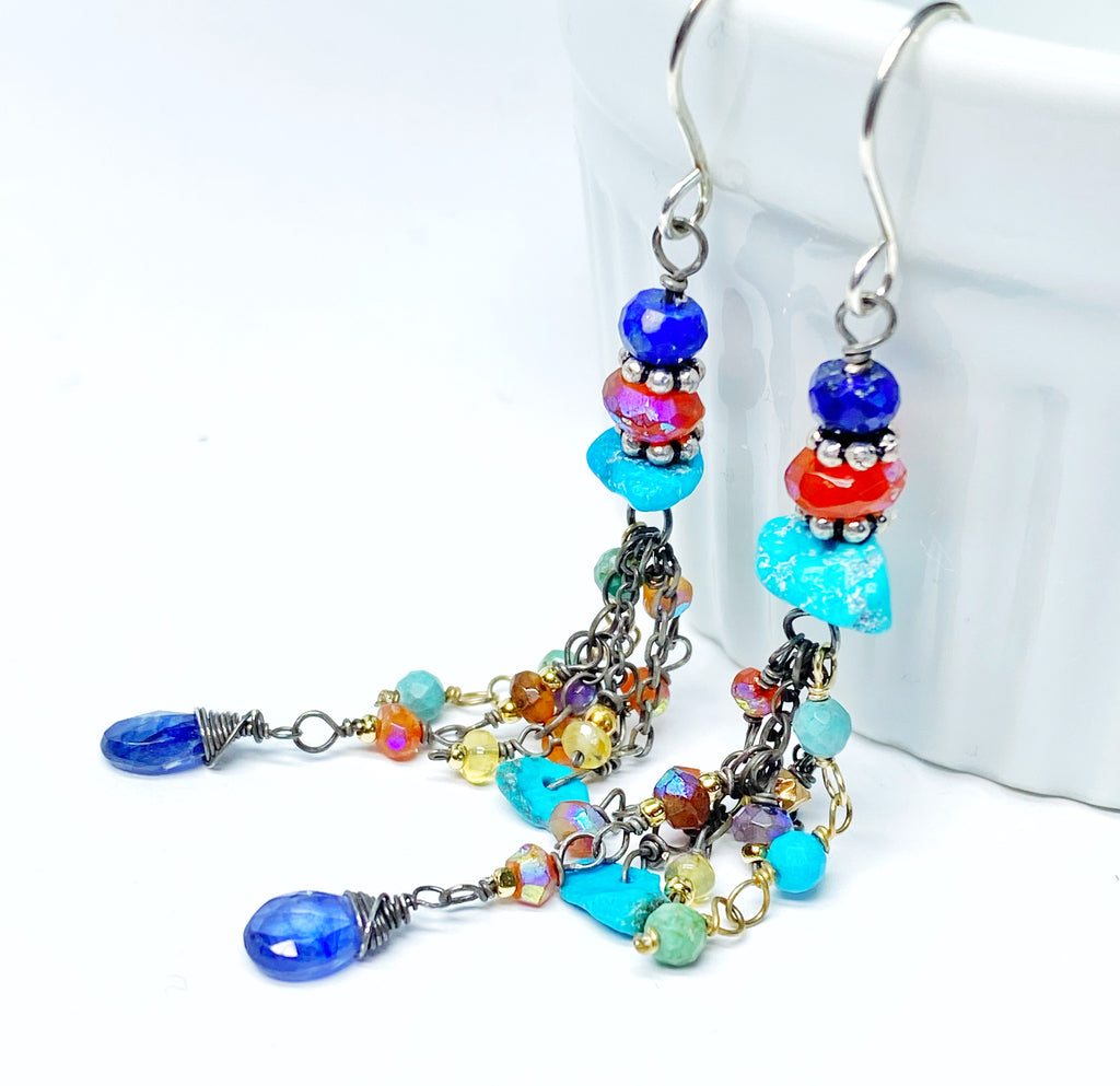 Multi Gemstone Gem Dangle Earrings, Tassel Style, Turquoise, Lapis, Carnelian, Sterling Silver