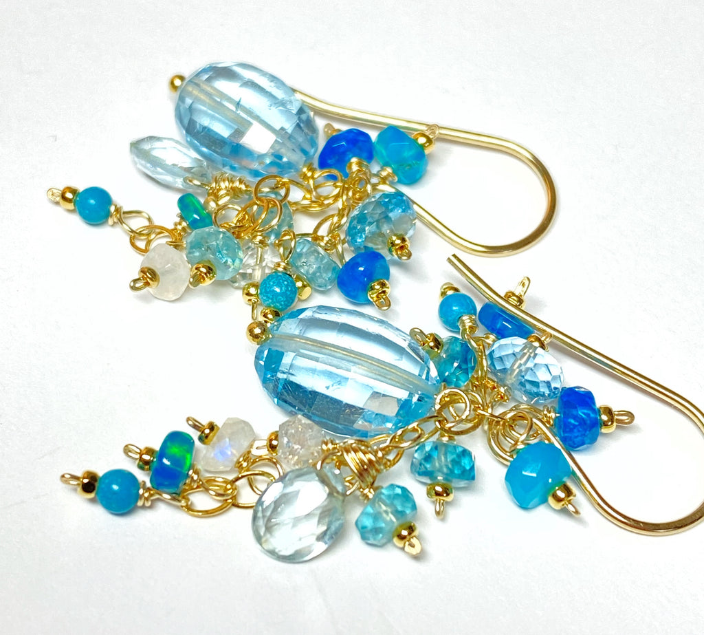 Blue Topaz Dangle Earrings with Multi Gemstone Cluster, Garnet, Opal, Chrome Diopside