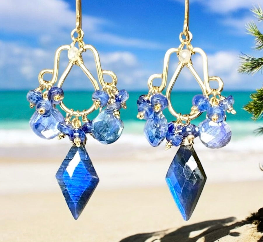 Blue Labradorite, Kyanite Handmade Chandelier Earrings, Gold Fill