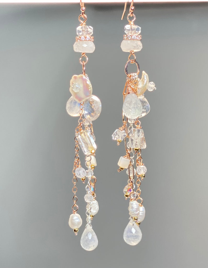 Rose Gold Long Boho Mystic Quartz, Pearl & Moonstone Dangle Earrings