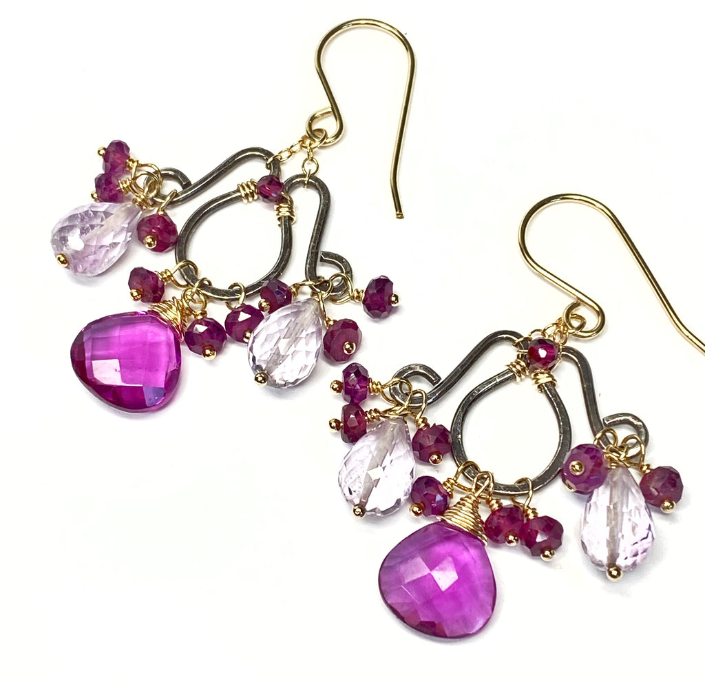 Mixed Metal Chandelier Earrings in Garnet, Pink Amethyst, Violet Quartz