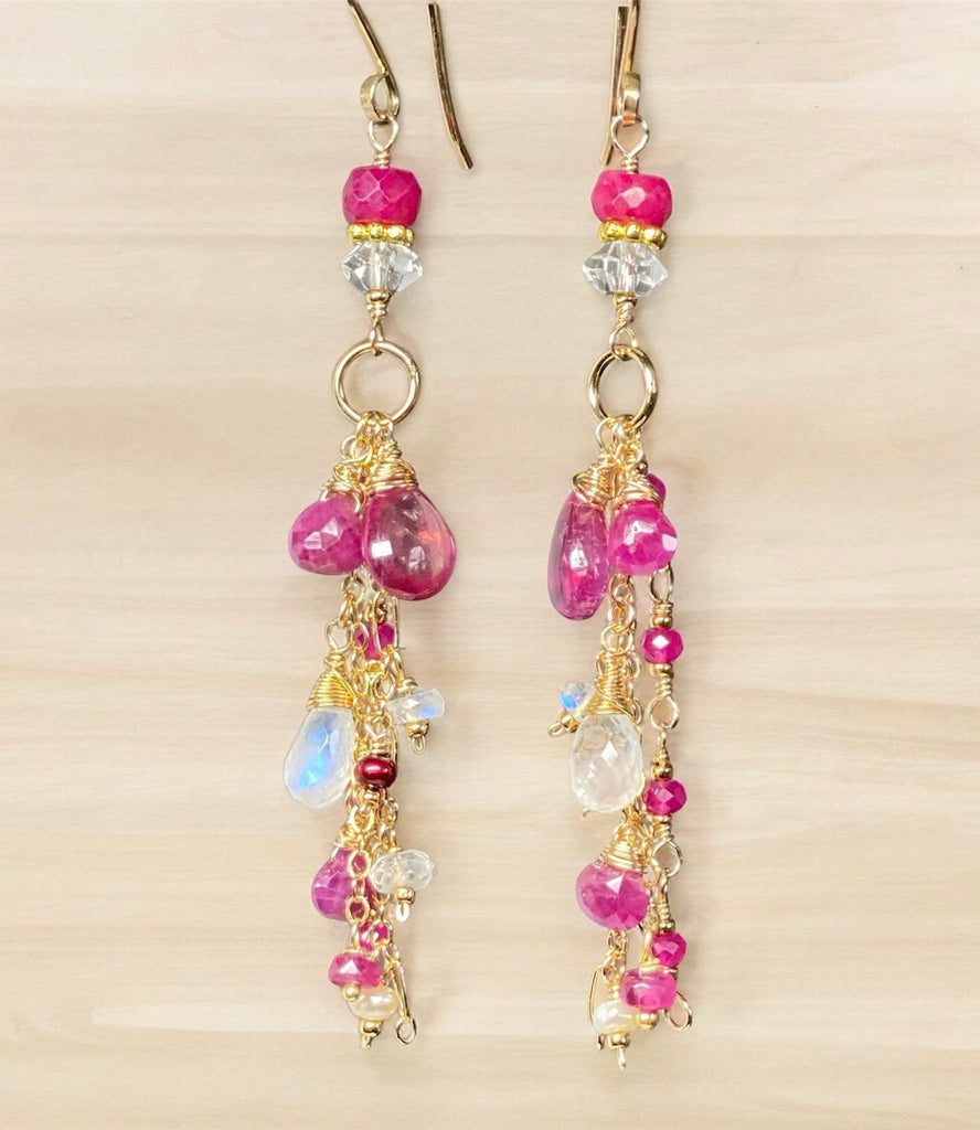 Red Ruby, Pink Sapphire Long Boho Dangle Earrings in Gold Fill with Moonstone