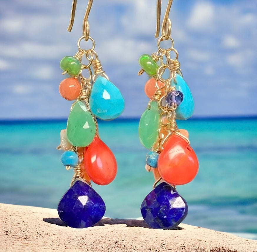 Multi Gemstone Gold Dangle Earrings Coral Blue Lapis Turquoise