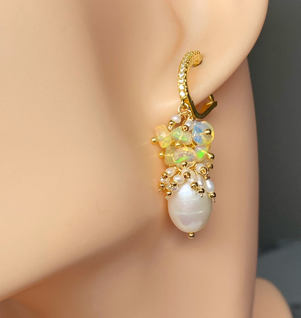 Pearl and Opal Cluster Earrings Gold