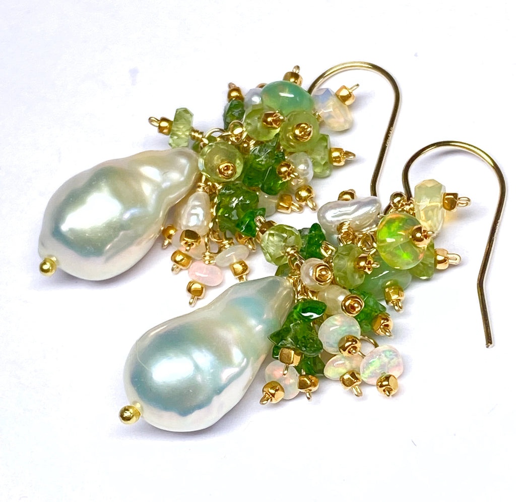 Peridot, Opal, Pearl Cluster Earrings Gold Fill 2