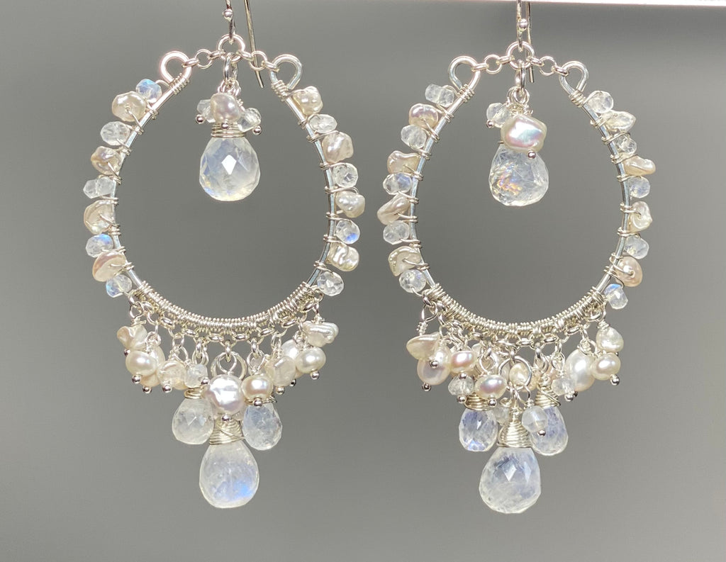 Pearl Moonstone Hoop Chandelier Statement Boho Wedding Earrings
