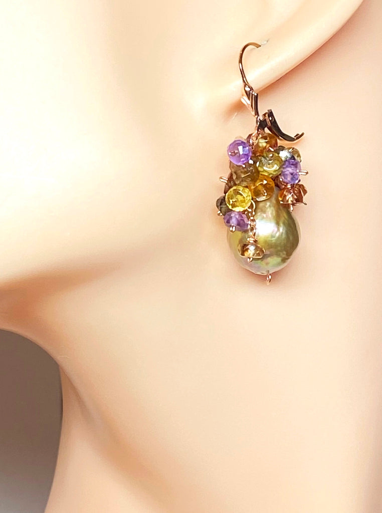 Multi Gemstone Cluster and Pond Slime Gold White Pearl Earrings Rose Gold