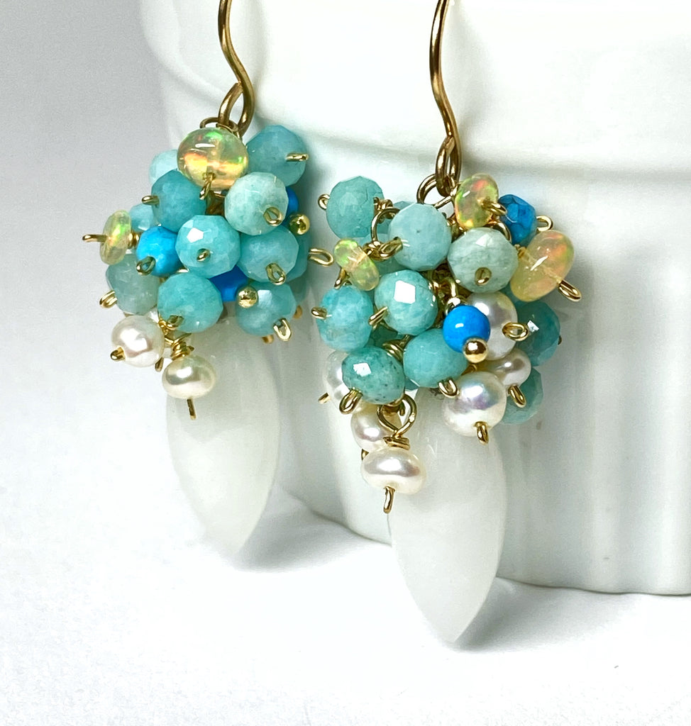 White Earrings with Amazonite Opal Pearl Clusters 2