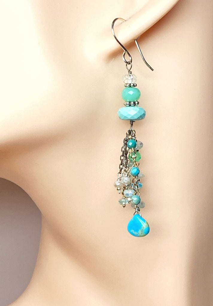 Multi Gemstone Gem Dangle Earrings, Tassel Style, Turquoise, Chrysoprase, Sterling Silver