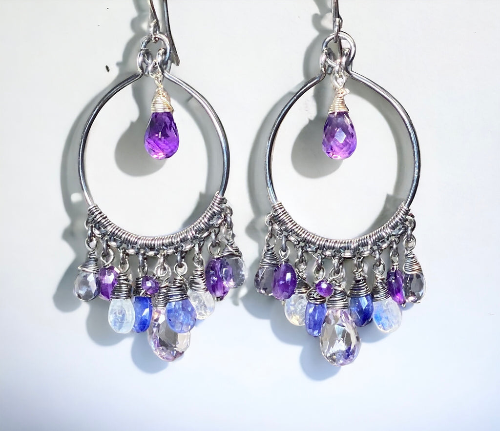 Blue Purple Gemstone Chandelier Hoop Earrings Oxidized Silver 2