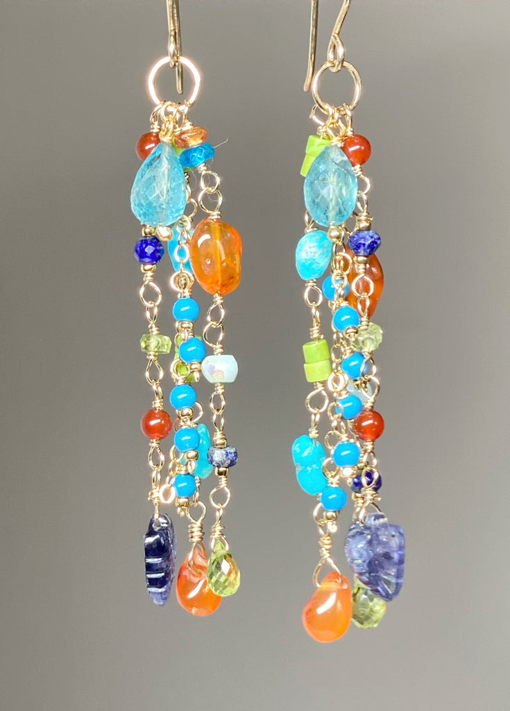 Multi Gemstone Dangle Earrings Blue, Green Turquoise, Carnelian, Peridot, Gold Filled