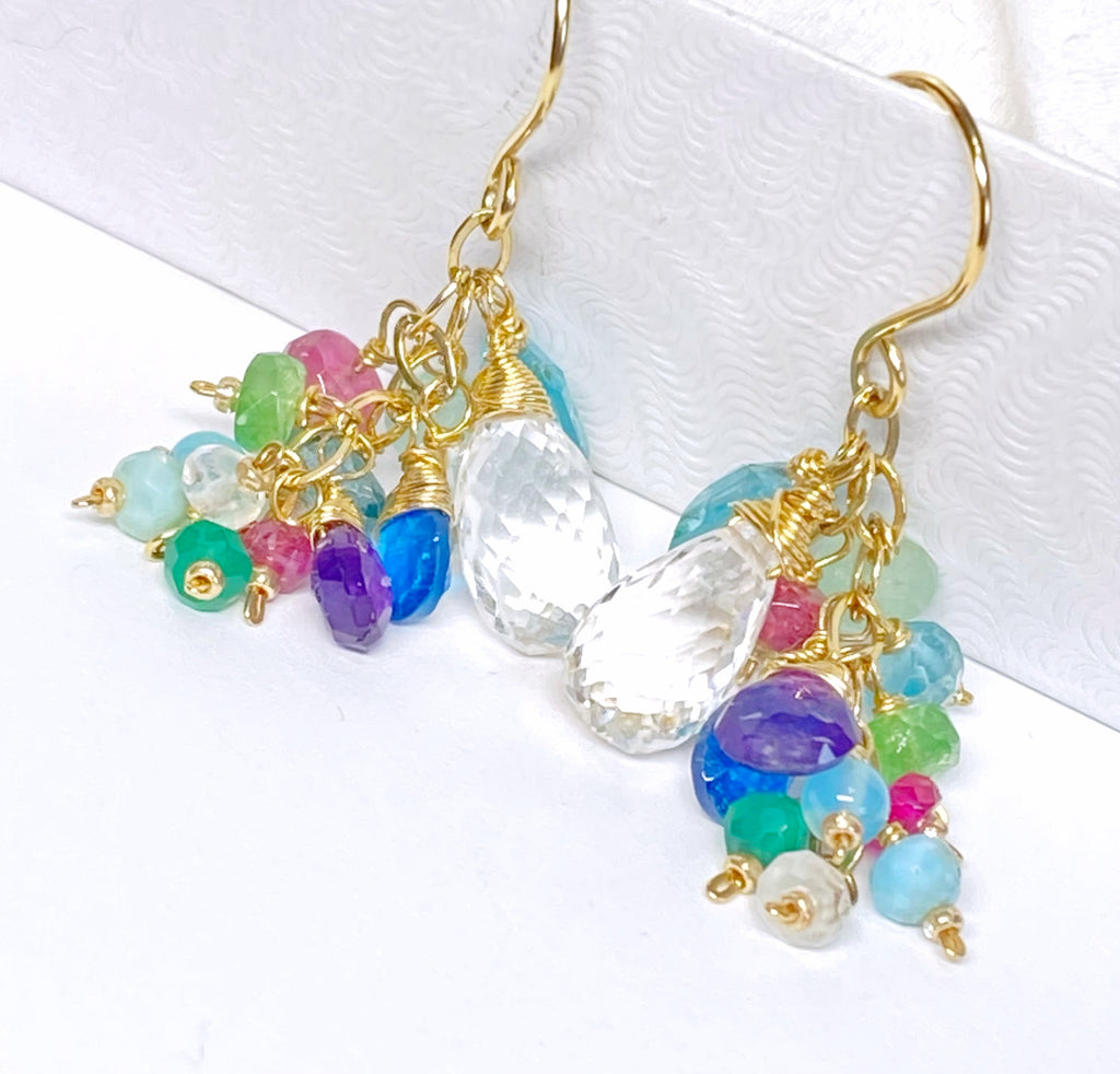 Crystal Quartz Dangle Earrings with Multi Gemstone Cluster 6