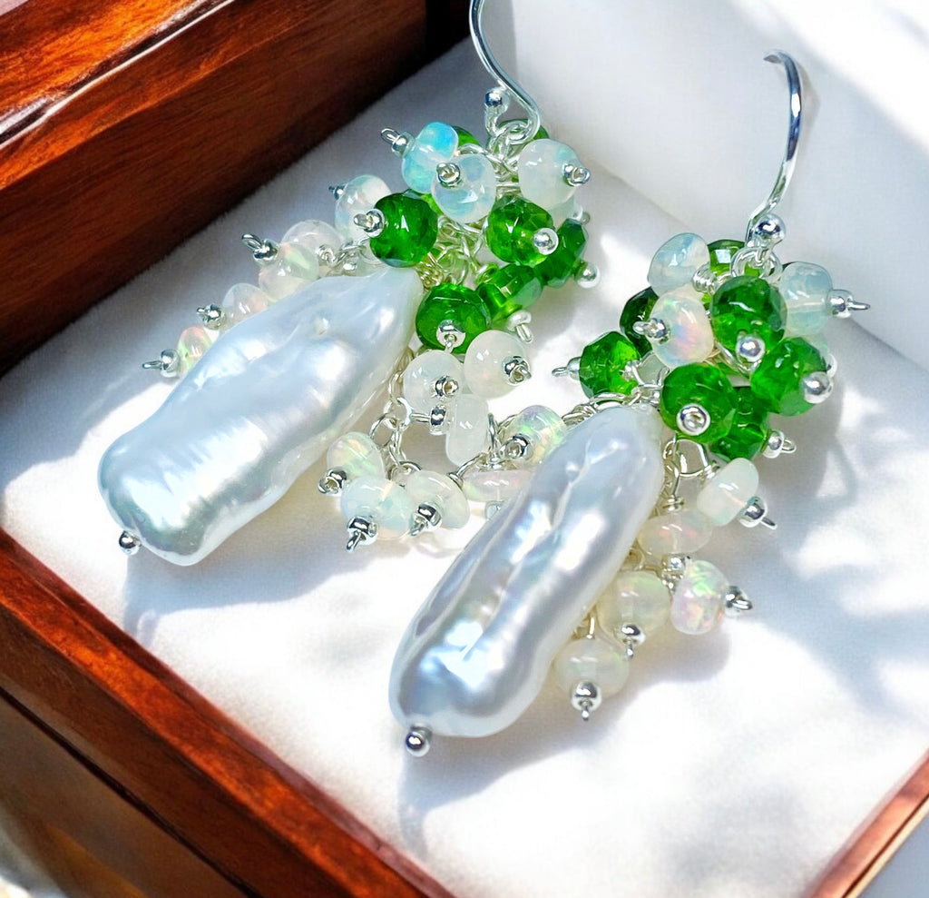 White Biwa Pearl with Chrome Diopside, Opal Clusters, Sterling Silver