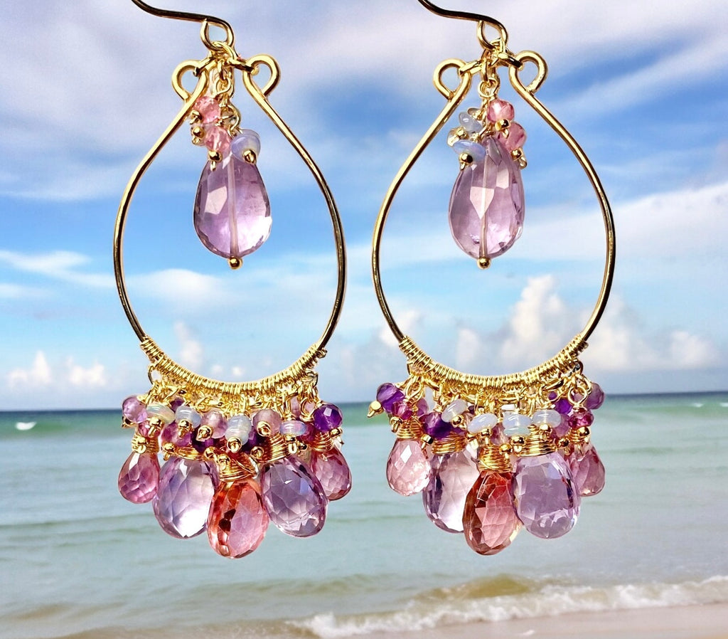 Gemstone Statement Chandelier Earrings in Pink, Lavender, Violet 2