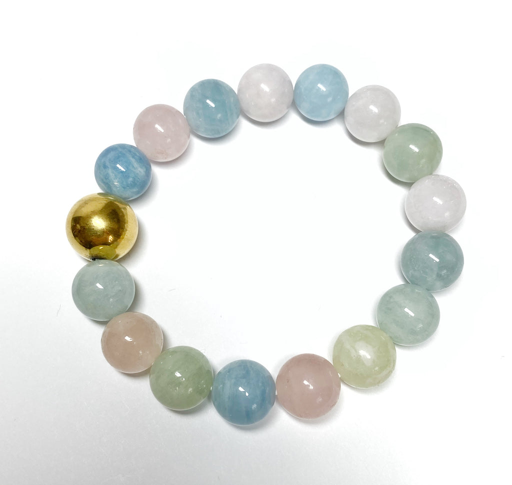 Morganite, Aquamarine Pastel Gemstone Stretch Bracelet, 10 mm, Rose Gold Pave Bead