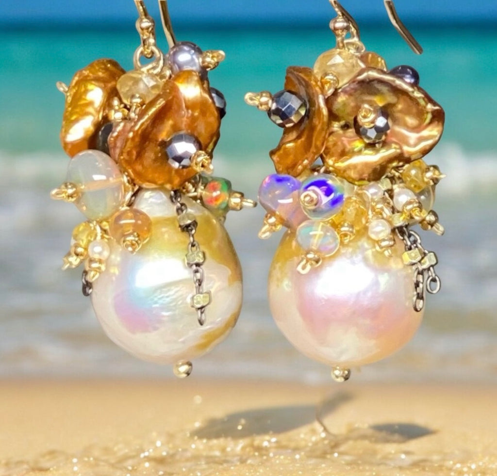 Pond Slime Gold White Pearl Earrings with Black Opals Golden Keishi Pearl Clusters