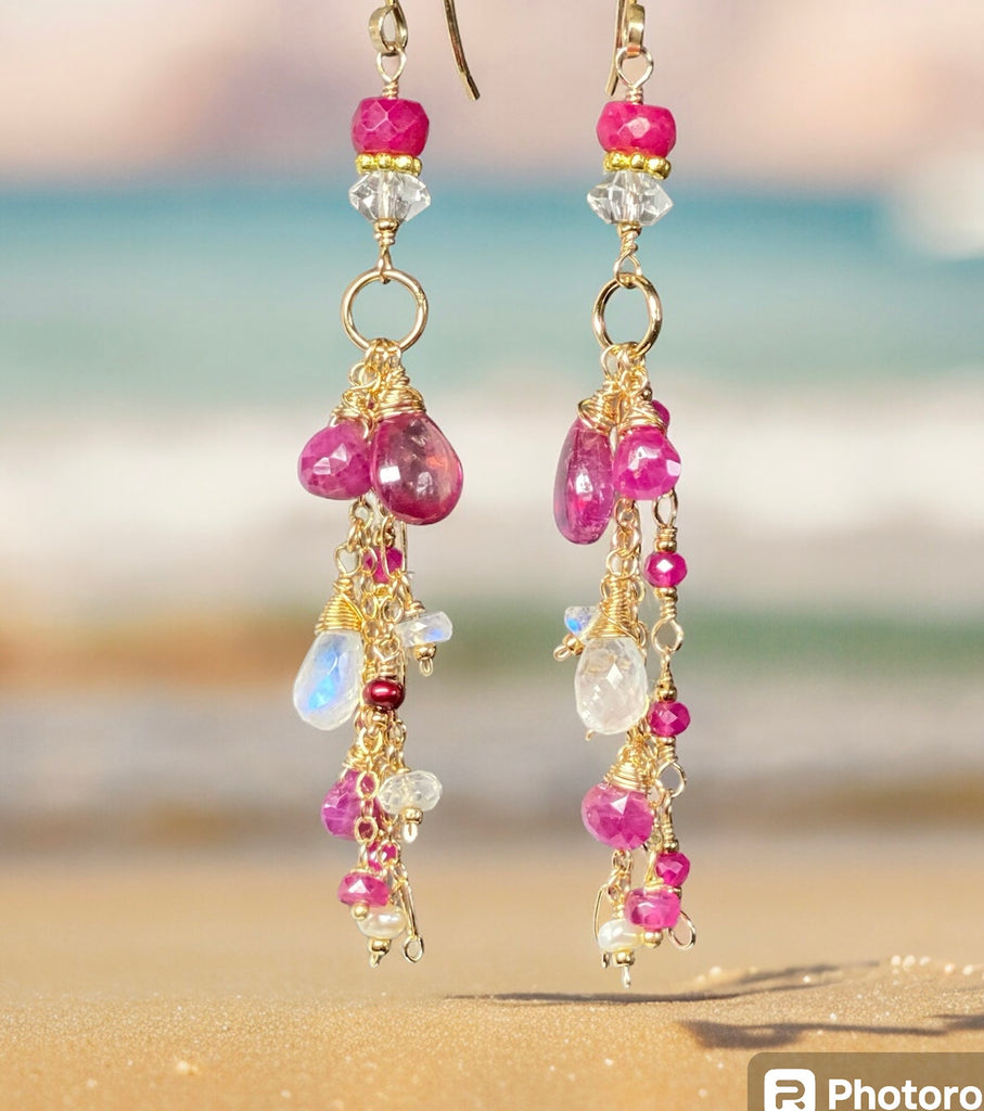 Red Ruby, Pink Sapphire Long Boho Dangle Earrings in Gold Fill with Moonstone