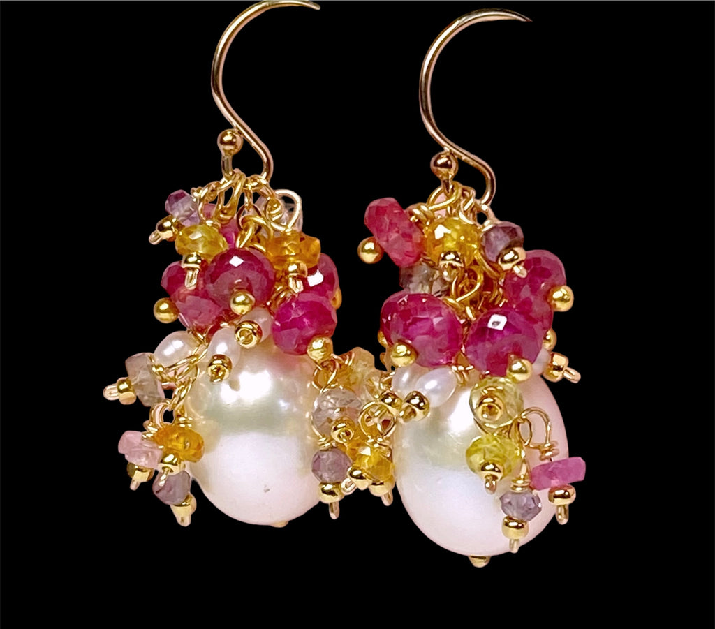 Pearl and Pink Sapphire Cluster Earrings Gold 2