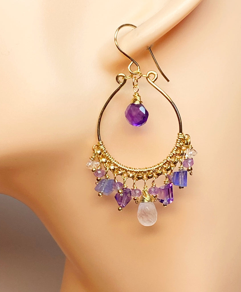 Blue Violet Purple Gold Fill Hoop Chandelier Earrings with Moonstone