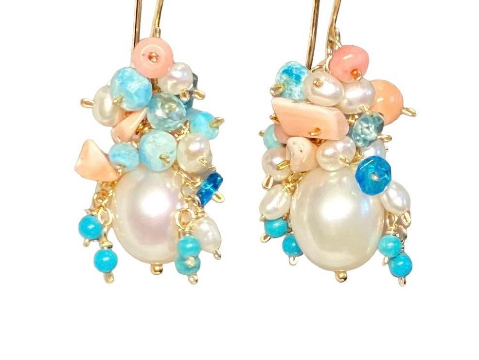 Turquoise Coral Pearl Cluster Earrings 2