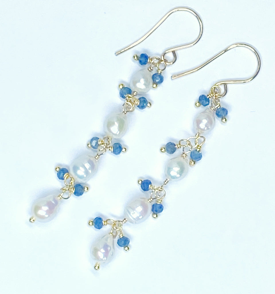 Blue Sapphire and Pearl Long Dainty Earrings Gold Fill