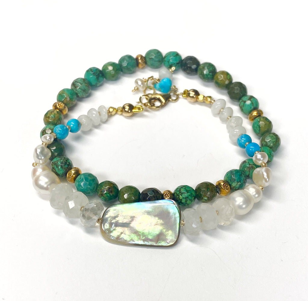 Abalone, Rainbow Moonstone, Turquoise, Pearl Silk Knotted Bracelet