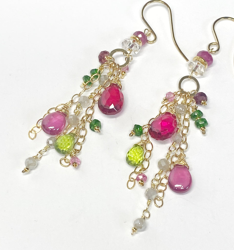 Long Gemstone Dangle Earrings - Pink Sapphire, Peridot, Ruby, Gold Fill