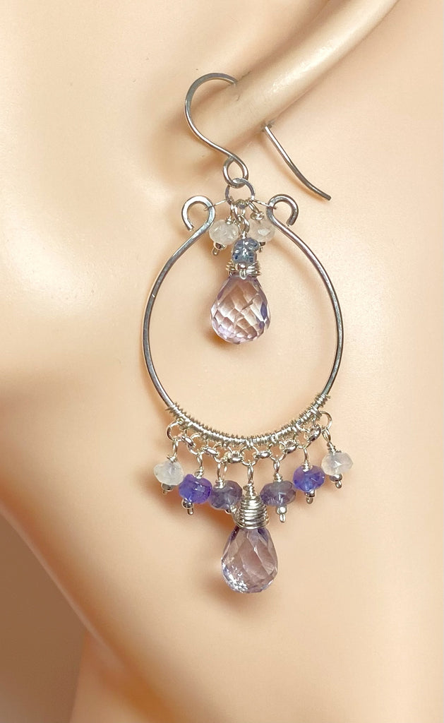 Blue Violet Sterling Silver Hoop Chandelier Earrings Iolite, Tanzanite, Blue Quartz
