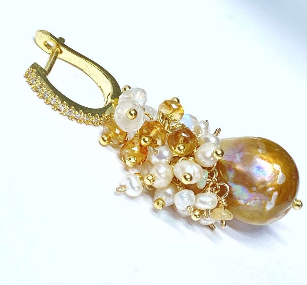 Baroque Pond Slime Pearl Cluster Earring with Citrine, Opal, Moonstone